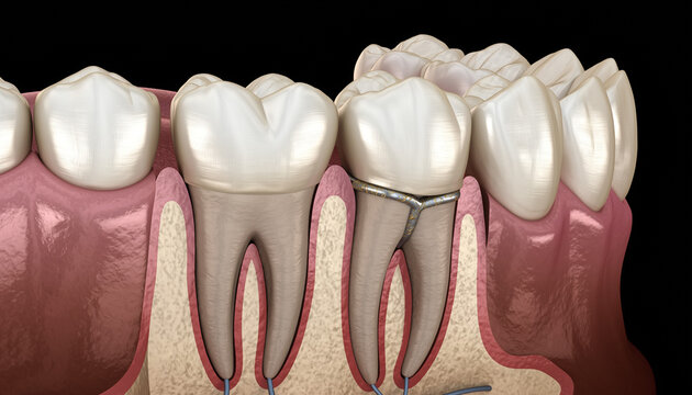 Fusion of Roots. Illustration of an anatomical variation in a permanent molar where two adjacent roots are partially or fully fused (concrescence/fusion). Focus: the atypical, solid root structure.
