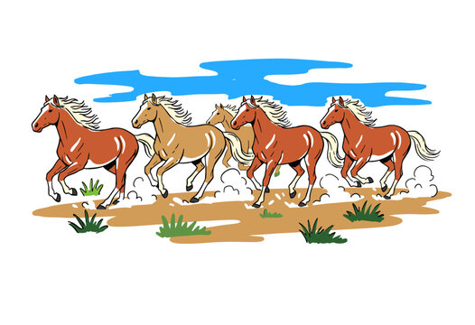 Running horses vector artwork for t-shirt. Wild horses herd graphic print. Freedom and speed illustration. Galloping animals on dusty field. Vintage w