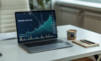Laptop displaying a rising stock chart, signifying growth potential. A cup of coffee and notebook are on a white table