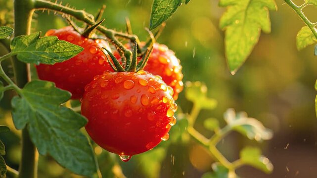 Vibrant red tomatoes on vine with water droplets, slow motion rain, cinematic lighting, symbolizing freshness and healthy eating.