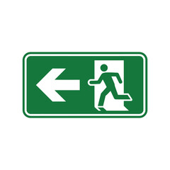 A green emergency exit sign with a white arrow and human icon