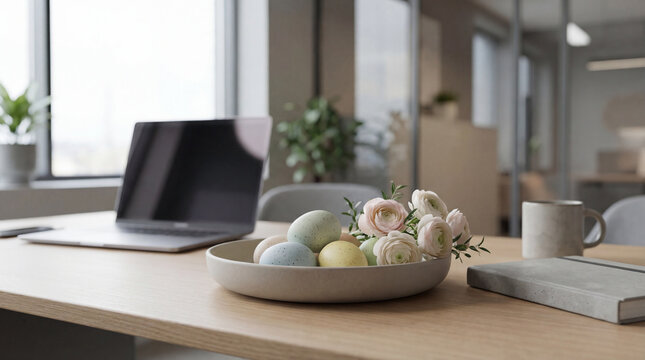Office Easter treat and spring desk decor in a modern workspace. Pastel eggs in a bowl beside a laptop and stationery. Neutral office background for corporate greetings and promotions.
