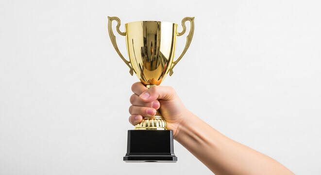 Hand triumphantly holding a golden trophy cup, celebrating victory, success, and achievement in a competition.