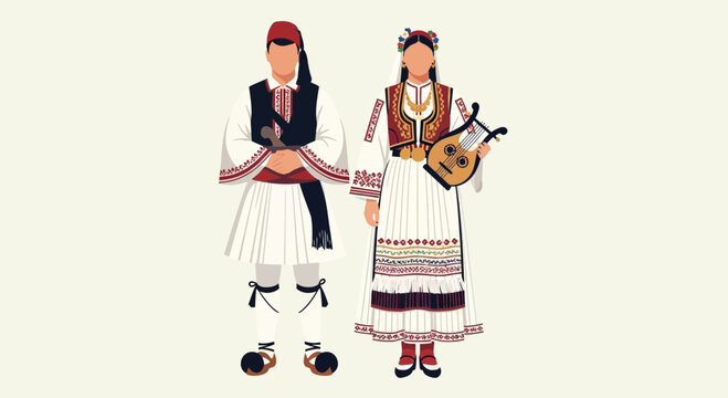 Greek Traditional Costumes: Man and Woman in Folk Attire with Lyre