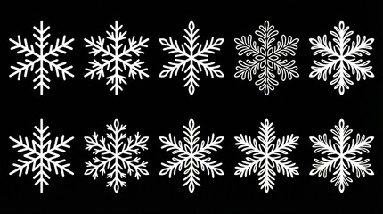 "Stylized collection of ten unique snowflake designs on dark background, showcasing crystalline symmetry, geometric diversity, and winter aesthetics."