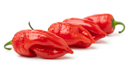 Four vibrant red Habanero peppers lined up in a row, their glossy skin and intense color emphasized on a clean white background.