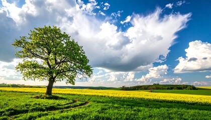 Solitary tree in vibrant landscape under a dramatic cloudy sky