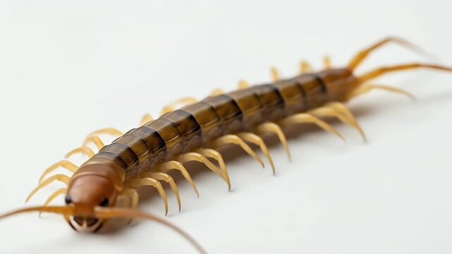 macro centipede close-up on white background, detailed invertebrate
