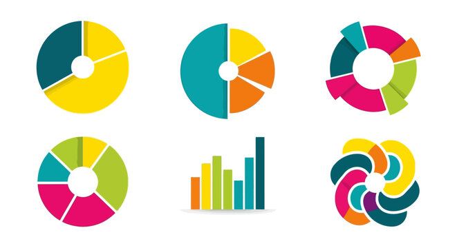 Collection of colorful data visualization charts and graphs, including pie charts, bar graphs, and a circular infographic