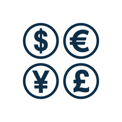 Obraz premium Four currency symbols on a white background for finance and business use