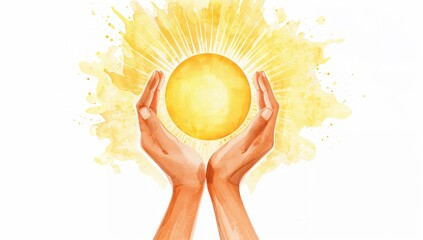 Bright sun with radiant rays held gently in cupped hands watercolor style
