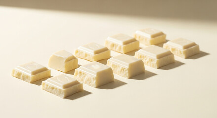 白背景に並んだホワイトチョコレートの塊（お菓子作り・素材・バレンタイン）