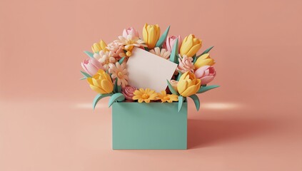 Arrangement of colorful Spring tulips and daisies in a teal square planter with a blank card