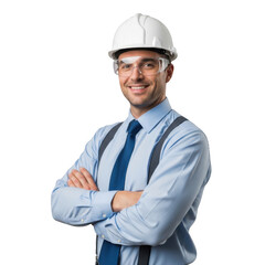 Confident construction worker in hard hat and safety gear standing with arms crossed isolated on transparent background