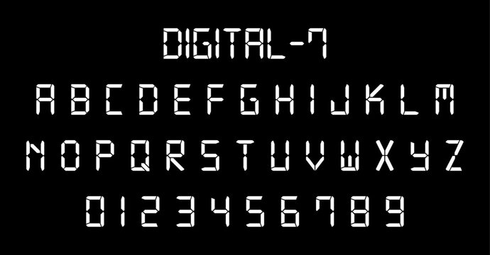 Digital scoreboard alphabet. Digital display alphabet font with letters and numbers on black background. Vector illustration. Alphabet letters A to Z and numbers 0 to 9. Led display font.