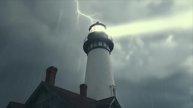 A historic lighthouse stands tall under a stormy sky with dark clouds and lightning.