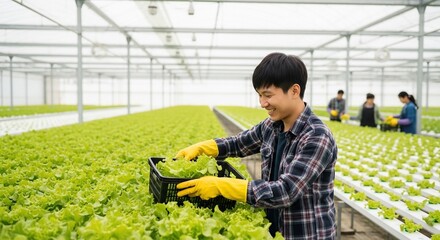 Young man harvesting plants in greenhouse.