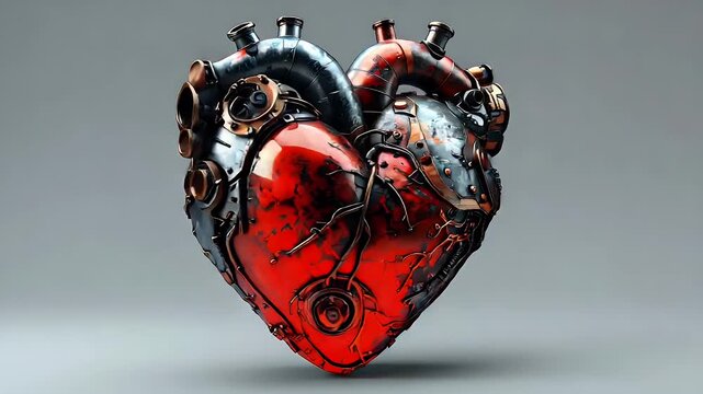 Intricate mechanical heart with red and metallic textures