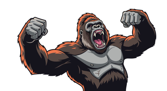Strong mountain gorilla shouting loudly with clenched fists in a powerful pose representing strength and wild animal energy.