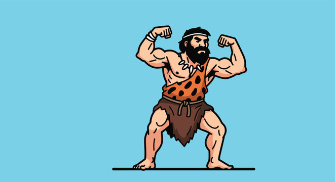 Muscular prehistoric caveman flexing his arms in a bodybuilding pose wearing leopard print fur clothing on a blue background.