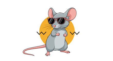 Cool grey mouse character wearing stylish pink sunglasses and standing confidently against an orange circular background.