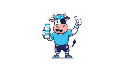 Fototapeta premium Friendly dairy cow character wearing sports clothes holding a bottle of fresh milk and giving a thumbs up sign of quality.