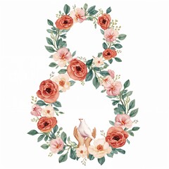 Number 8 floral arrangement with dove on hands, symbolizing peace and celebration