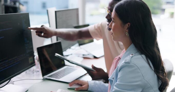People, software developer and talk in office with computer, tablet or advice for web design project. Digital designer, team and programming idea in workplace with tech, proposal or opinion for site.
