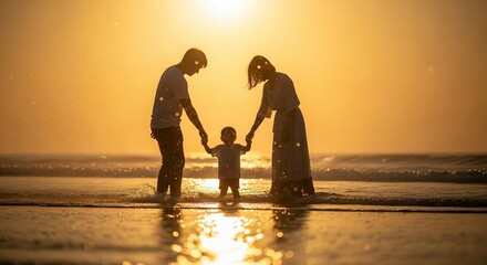 Family Bonding Moment on Beach at Sunset.