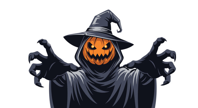Spooky Halloween character with a glowing carved pumpkin head wearing a dark hooded cloak and reaching out with scary clawed hands toward the viewer.