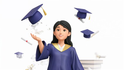 Young woman graduate celebrating with cap and diploma being thrown joyfully