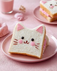Adorable Kawaii Cat Sandwich with Pink Filling on a Plate