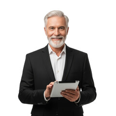 Professional man in a suit holding a tablet with a confident smile isolated on transparent background