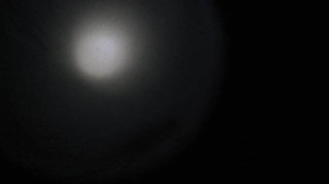 Bright circular beam of light sweeps across a dark textured wall, revealing rough details. Concept of mystery, crime scene investigation, horror atmosphere, and searching for hidden clues.