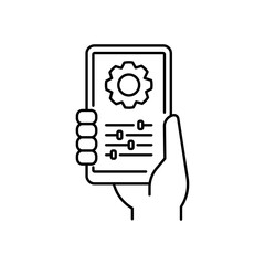 Human hand holding smartphone with gear settings and adjustment sliders icon, mobile app development and UI customization concept, thin line vector style isolated on white background