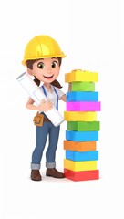 Construction worker girl with blueprint and colorful building blocks tower