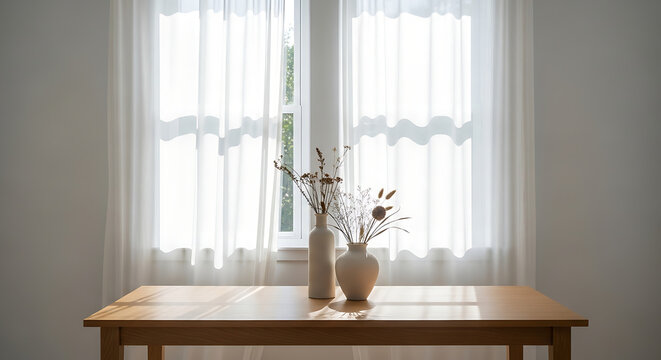 A wooden table with a vase on it in front of a window
