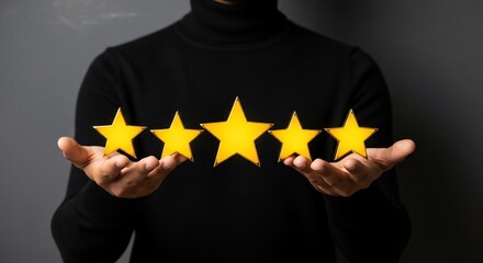 Man Holding Five Yellow Stars Symbolizing Excellence.