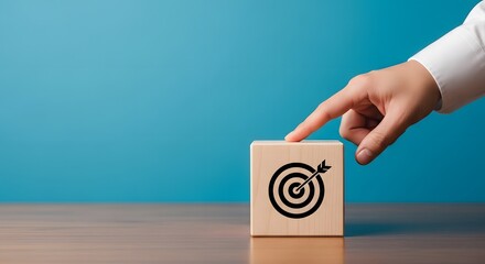 Hand Pointing to Cube with Target Icon, Aiming for Goals