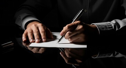 Man Signing Document with Pen on Paper.