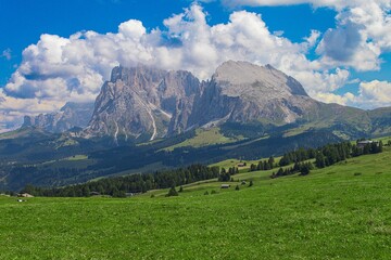 Panoramic view of the Sassolungo Group from the Alpe di Siusi in South Tyrol, Italy