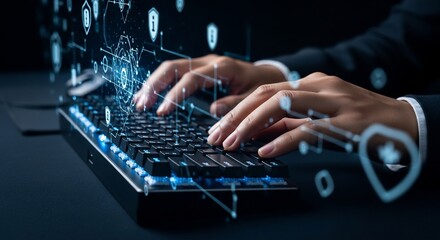 Person Typing on Laptop with Security Icons.