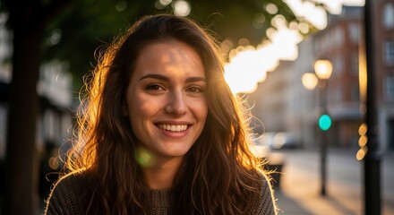 Smiling Young Woman in City Street at Sunset.