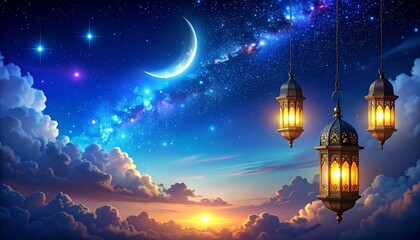 Ramadan crescent moon with lanterns and stars, night sky background for mockup or overlay effect