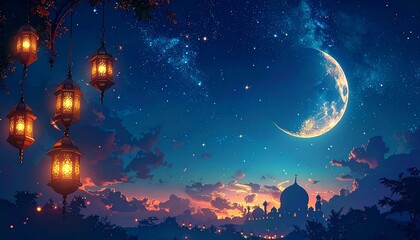 Ramadan crescent moon with lanterns and stars, night sky background for mockup or overlay effect