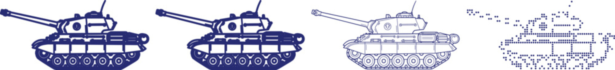 Set of four military tank icons, depicting different styles of combat vehicle, with one in a pixelated design © Emongrapic