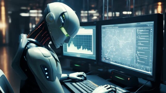 Futuristic robot analyzing data on screens in a dimly lit lab. Side angle captures the tech ambiance, perfect for a sci-fi video concept. Live desktop wallpaper.