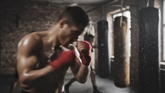 Focused boxer relentlessly training in a dimly lit gym, working on combinations and technique