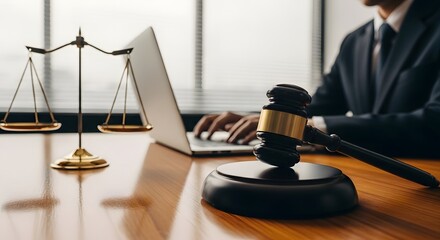 Lawyer in Courtroom with Gavel and Scales of Justice