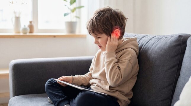 Boy with earache sitting on sofa and holding tablet. Kid suffering from pain in ear. Health problem, inflammation, otitis concept.